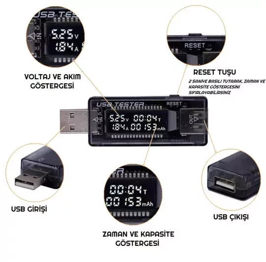 LED Ekranlı USB Voltmetre Ampermetre USB Şarj Kapasitesi Test Cihazı LED Ekranlı USB Voltmetre Ampermetre USB Şarj Kapasitesi Test Cihazı