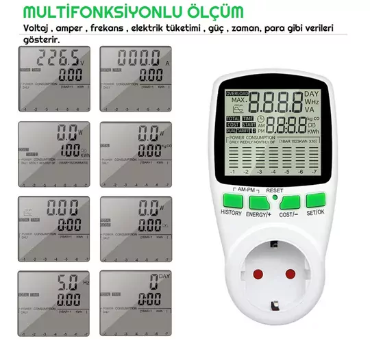 Çizelge Göstergeli Dijital Wattmetre Enerji Sarfiyat Ölçer Tüketim Ölçer 220V Priz Çizelge Göstergeli Dijital Wattmetre Enerji Sarfiyat Ölçer Tüketim Ölçer 220V Priz