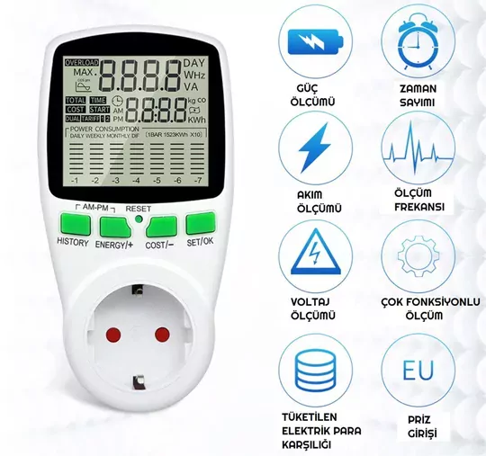 Çizelge Göstergeli Dijital Wattmetre Enerji Sarfiyat Ölçer Tüketim Ölçer 220V Priz Çizelge Göstergeli Dijital Wattmetre Enerji Sarfiyat Ölçer Tüketim Ölçer 220V Priz