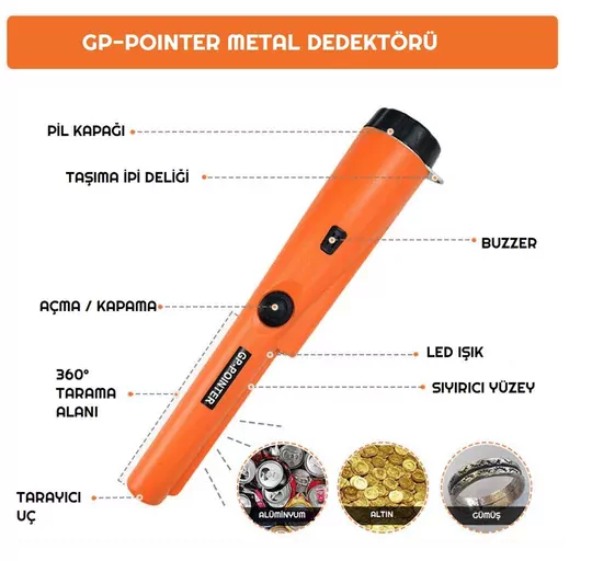Su Geçirmez Kılıflı GP Pointer Altın Metal Dedektörü  El Tipi Altın Gümüş