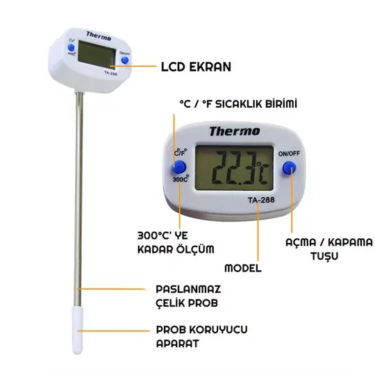 Thermo TA-288 Oynar Başlıklı Dijital Mutfak Yemek Termometresi Paslanmaz Çelik Sıcaklık Ölçer Thermo TA-288 Oynar Başlıklı Dijital Mutfak Yemek Termometresi Paslanmaz Çelik Sıcaklık Ölçer