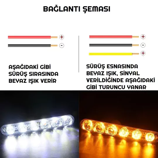 12V DRL Su Geçirmez 6 LED Dönüş Sinyalli Çift Renk Gündüz Ledi 12W