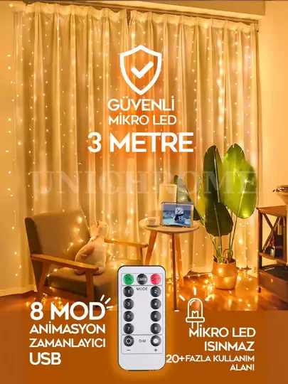 Kumandalı 8 Ayrı Moda Sahip 3x3M 300X300Cm Perde Led 10 Saçaklı Sarkıtlı 300 Led Gün Işığı Kalp Askı