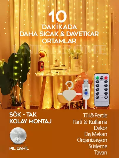 Kumandalı 8 Ayrı Moda Sahip 3x3M 300X300Cm Perde Led 10 Saçaklı Sarkıtlı 300 Led Gün Işığı Kalp Askı