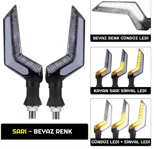 Sarı-Beyaz Renk Motosiklet Sinyal Ledi Takımı Kayar DRL Sinyal Işığı Sarı-Beyaz Renk Motosiklet Sinyal Ledi Takımı Kayar DRL Sinyal Işığı