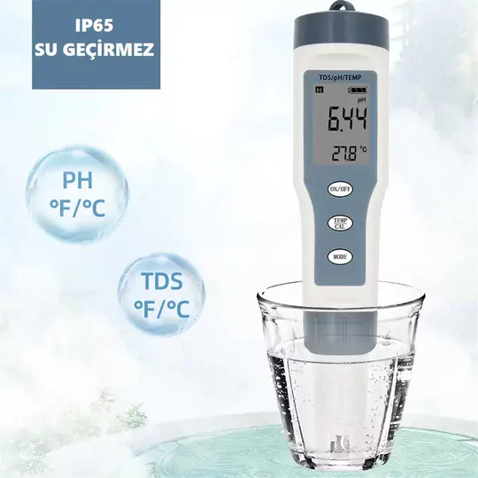 TDS 3 in 1 Ph Sıcaklık Tds Ölçer LED'li Sıcaklık Göstergeli Su Test Cihazı