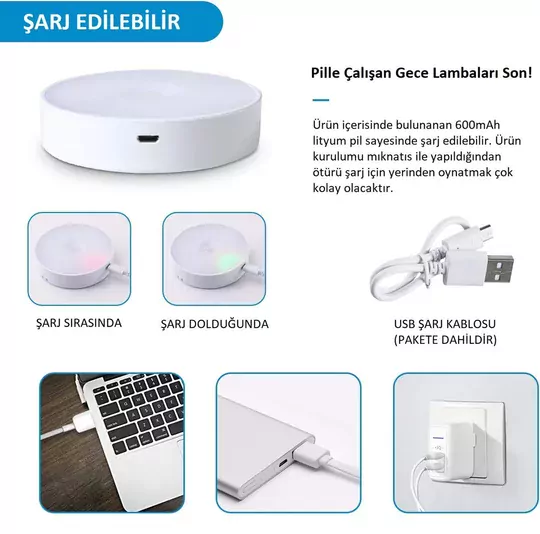 2 Renkli Hareket Sensörlü USB Şarj Edilebilir LED Işık Dolap İçi Gece Lambası