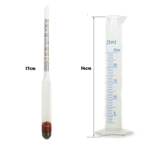17cm Kısa Form Dansimetre 0-100 Derece Etil Alkol-Su Karışımı Ölçüm Seti - 25ml Mezur
