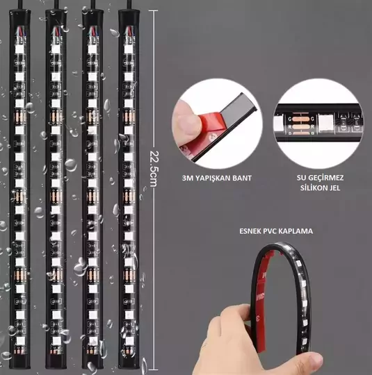 4 Parçalı Uzaktan Kumandalı Ayak Altı Araç Içi 48 Led Çok Renkli Araba Led Atmosfer Led Işık Şeridi