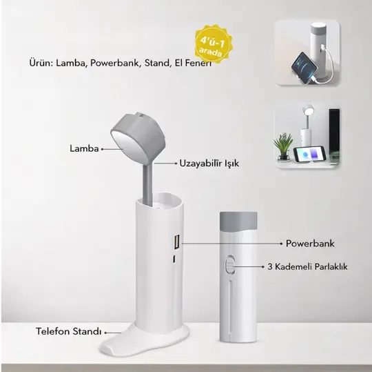 3 Kademe Işıklı Çok Fonksiyonlu Masa Lambası Powerbank Telefon Standı Fener 4in1 1200mAh