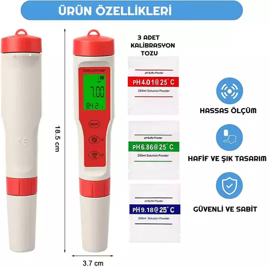 Dijital PH Ölçer 4'ü 1 Arada PH TDS EC Sıcaklık Test Cihazı Işıklı LED Ekran