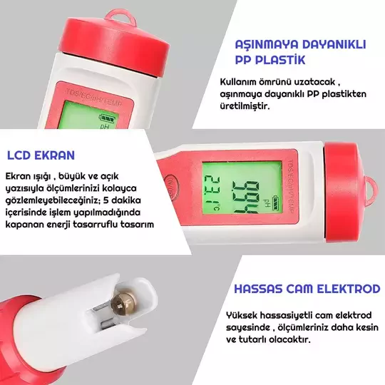 Dijital PH Ölçer 4'ü 1 Arada PH TDS EC Sıcaklık Test Cihazı Işıklı LED Ekran