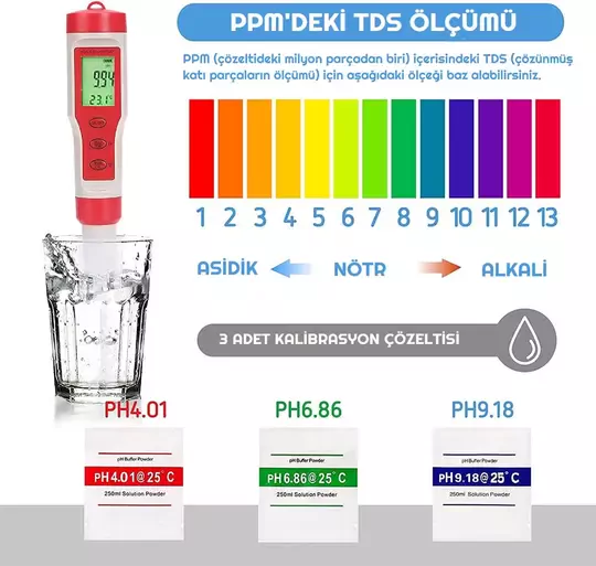 Dijital PH Ölçer 4'ü 1 Arada PH TDS EC Sıcaklık Test Cihazı Işıklı LED Ekran