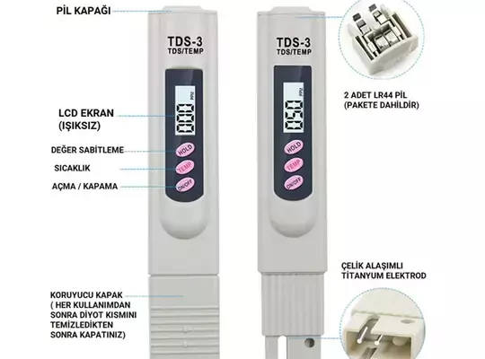 Tds Metre Su Kalite Test Ölçüm Cihazı Saflık Ölçer Pil