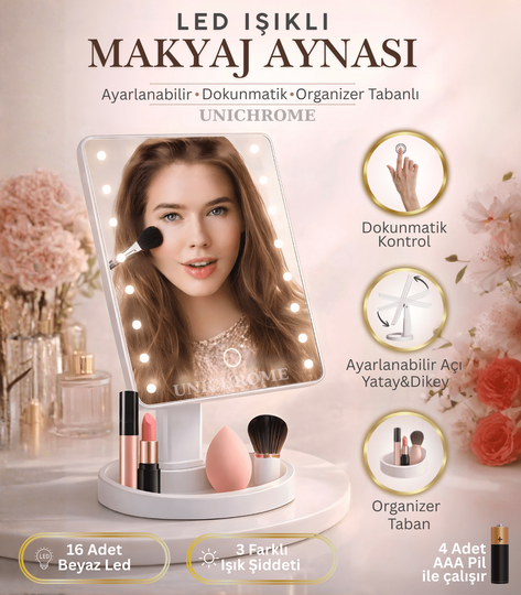 Pilli Dokunmatik Led Işıklı Masa Üstü Makyaj Aynası Dikdörtgen