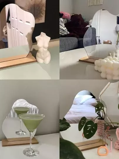 Düzensiz Estetik Asimetrik Ahşap Makyaj Aynası Çerçevesiz, Dekoratif Masa Oturma Odası Düzensiz Estetik Asimetrik Ahşap Makyaj Aynası Çerçevesiz, Dekoratif Masa Oturma Odası