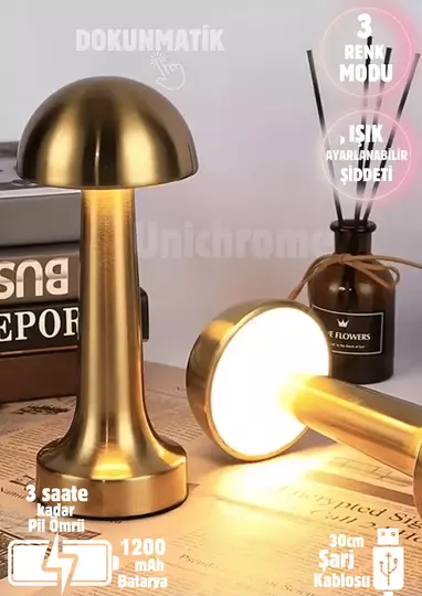 Lizbon 3 Işık Renkli Şarjlı Dim Edilebilir Masa Lambası Gold
