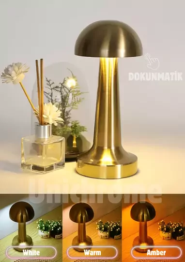 Lizbon 3 Işık Renkli Şarjlı Dim Edilebilir Masa Lambası Gold
