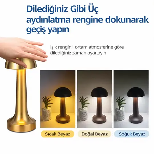 Lizbon 3 Işık Renkli Şarjlı Dim Edilebilir Masa Lambası Gold