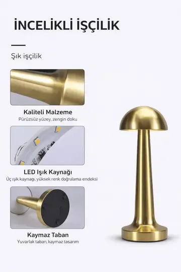 Lizbon 3 Işık Renkli Şarjlı Dim Edilebilir Masa Lambası Gold