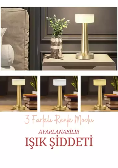 Dekoratif Şarjlı Dokunmatik Led Masa Lambası Usb Kablolu Gece Lambası ve Abajur Altın