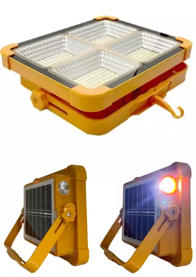 Güneş Enerjili Solar Led Projektör Taşınabilir Sarı Beyaz Ve Çakar Işık Lamba El Fenerli