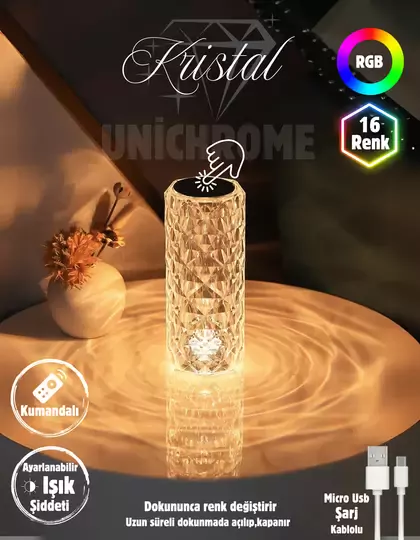 Kristal Elmas Led Dokunmatik Sensör Usb Şarjlı Masa Lambası RGB Gece Lambası