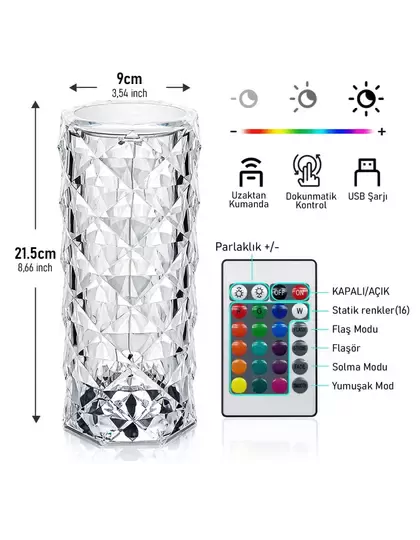 Kristal Elmas Led Dokunmatik Sensör Usb Şarjlı Masa Lambası RGB Gece Lambası