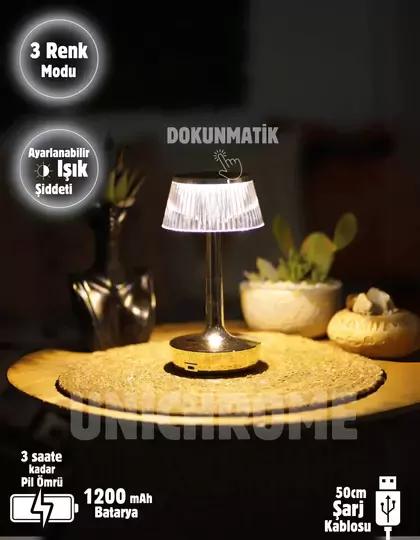 3 Işık Renkli Şarjlı Masa Lambası Dim Edilebilir Gold Metal Görünümlü Gece Lambası