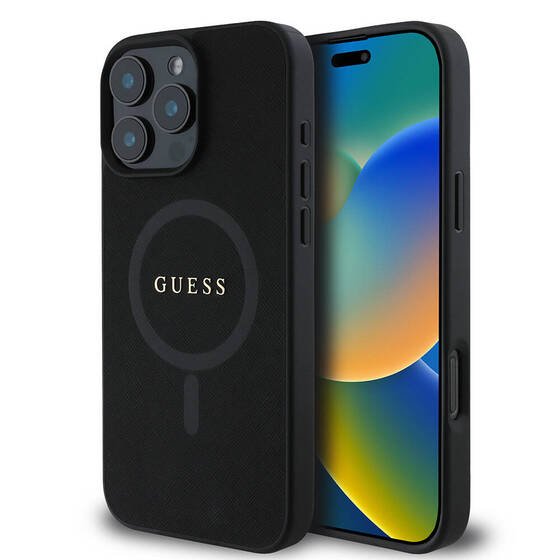 Apple iPhone 16 Pro Kılıf Guess Orjinal Lisanslı Magsafe Şarj Özellikli Yazı Logolu Saffiano Classic Kapak