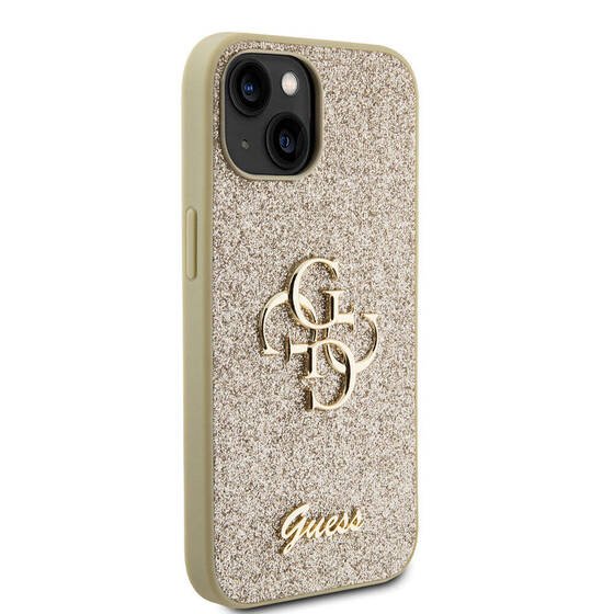 iPhone 15 Plus Uyumlu Kılıf Guess Orjinal Lisanslı 4G Büyük Metal Logolu Glitter Kapak Gold