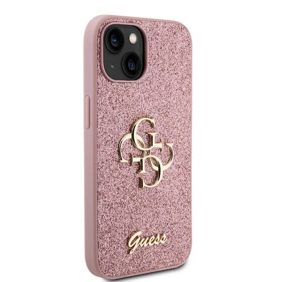 iPhone 15 Plus Uyumlu Kılıf Guess Orjinal Lisanslı 4G Büyük Metal Logolu Glitter Kapak Pembe