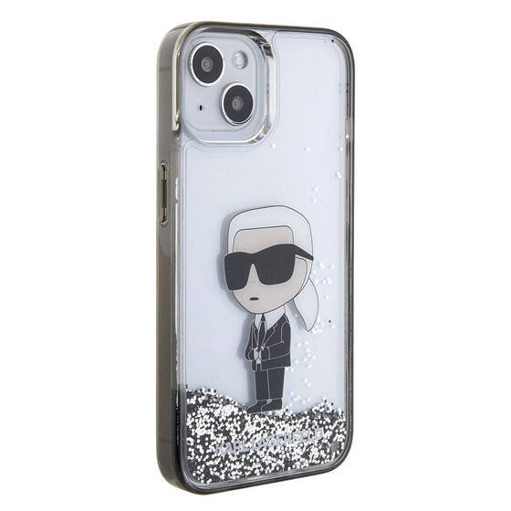 iPhone 15 Plus Uyumlu Kılıf Karl Lagerfeld İkonik Sıvılı Glitter Orjinal Lisanslı Kapak Şeffaf