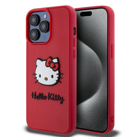 iPhone 15 Pro Uyumlu Kılıf Hello Kitty Orjinal Lisanslı İkonik Logolu 3D Rubber Kitty Head Kırmızı