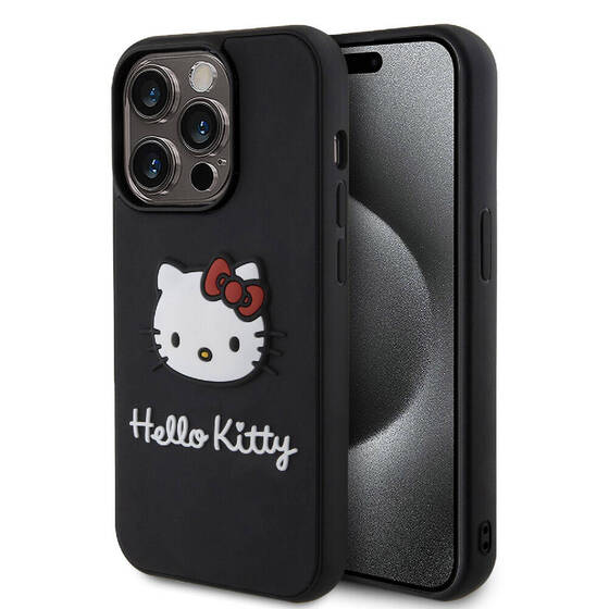 iPhone 15 Pro Uyumlu Kılıf Hello Kitty Orjinal Lisanslı İkonik Logolu 3D Rubber Kitty Head Siyah