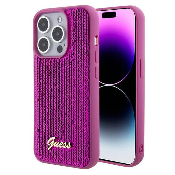 iPhone 15 Pro Max Kılıf Guess Orjinal Lisans Pullu Arka Yüzey Metal Yazı Logolu Sequin Script Pembe