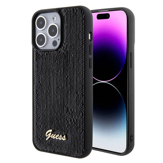 iPhone 15 Pro Max Kılıf Guess Orjinal Lisans Pullu Arka Yüzey Metal Yazı Logolu Sequin Script Siyah