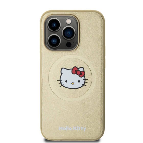 iPhone 15 Pro Uyumlu Kılıf Hello Kitty Orjinal Lisanslı Magsafe Şarj Özellikli Kitty Head Deri Gold