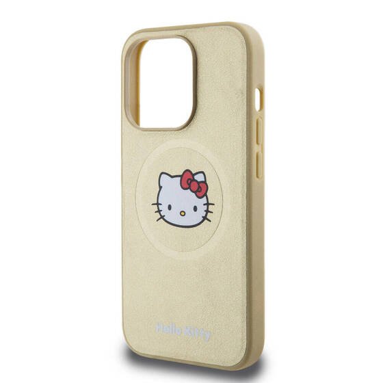 iPhone 15 Pro Uyumlu Kılıf Hello Kitty Orjinal Lisanslı Magsafe Şarj Özellikli Kitty Head Deri Gold