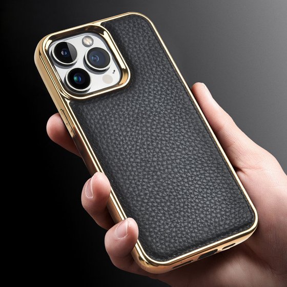 iPhone 13 Pro Max Uyumlu Kılıf Wiwu Genuine Leather Gold Calfskin Orjinal Deri Kapak