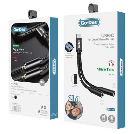 Go Des GD-UC037 Type-C 3.5 mm Çift Aux Kulaklık Dönüştürücü İkili Çevirici Ses Adaptörü