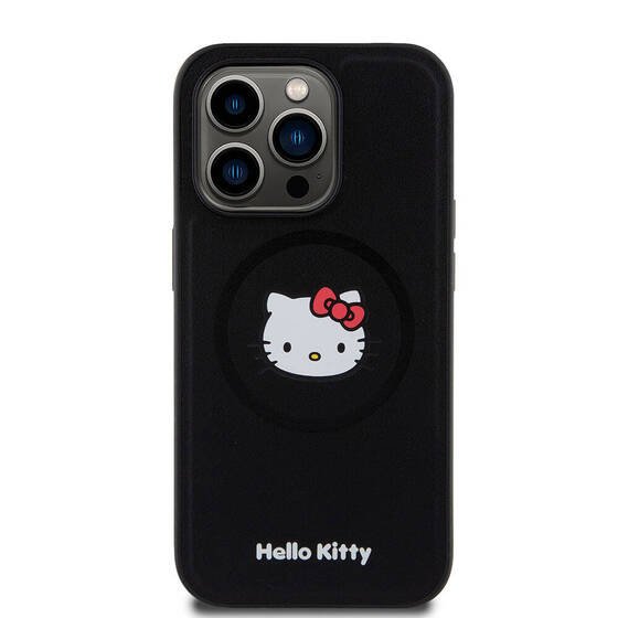 iPhone 15 Pro Uyumlu Kılıf Hello Kitty Orjinal Lisanslı Magsafe Şarj Özellikli Kitty Head Deri Siyah