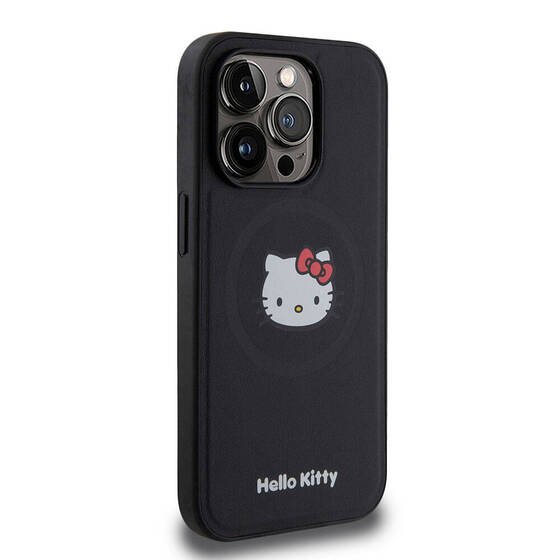 iPhone 15 Pro Uyumlu Kılıf Hello Kitty Orjinal Lisanslı Magsafe Şarj Özellikli Kitty Head Deri Siyah