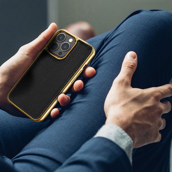 iPhone 13 Pro Uyumlu Kılıf Wiwu Genuine Leather Gold Calfskin Orjinal Deri Kapak