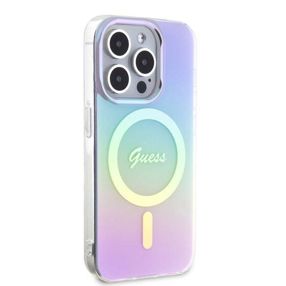 iPhone 15 Pro Max Uyumlu Kılıf Guess Orjinal Lisanslı Magsafe Şarj Özellik Yazı Logo Iridescent Mor