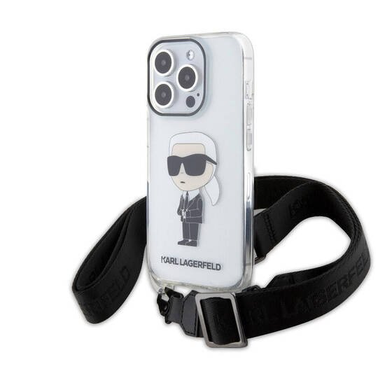 iPhone 15 Pro Uyumlu Kılıf Karl Lagerfeld Orjinal Lisanslı Boyun Askılı Karl İkonik Crossbody Şeffaf