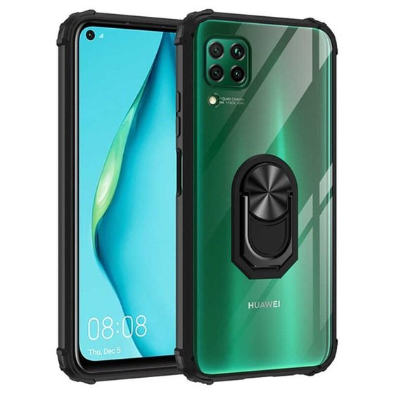 Huawei P40 Lite Kenarları Renkli Anti Şok Şeffaf Yüzüklü Kılıf