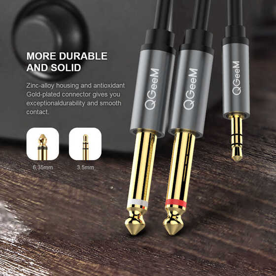 Qgeem QG-AU01 3.5 mm to 2 x 6.35 mm Aux Audio Kablo 2 metre Ses Kablosu Dönüştürücü