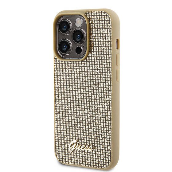 iPhone 15 Pro Max Uyumlu Kılıf Guess Orjinal Lisanslı Yazı Logolu Disco Script Metal Kapak Gold