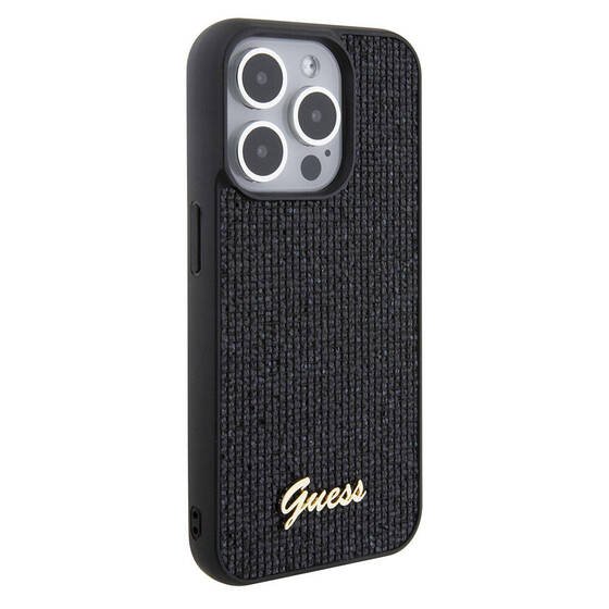 iPhone 15 Pro Max Uyumlu Kılıf Guess Orjinal Lisanslı Yazı Logolu Disco Script Metal Kapak Siyah